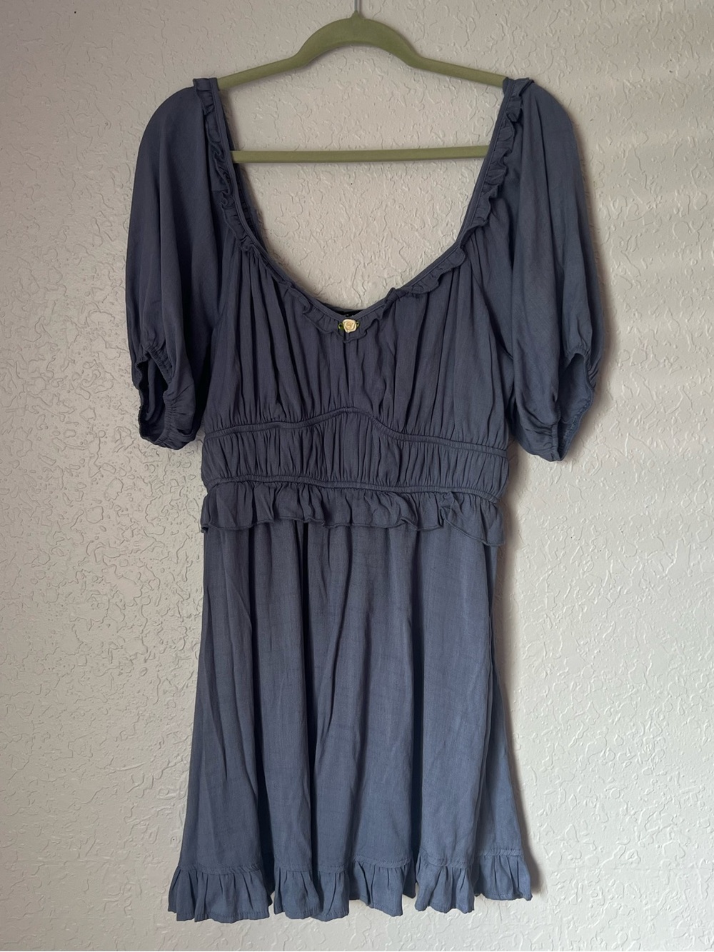Trixxi Slate Blue Ruffled Neckline Dress with Rose Accent